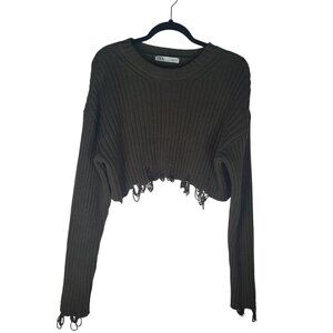 Zara Distressed Cropped Ribbed Knit Sweater Olive Green